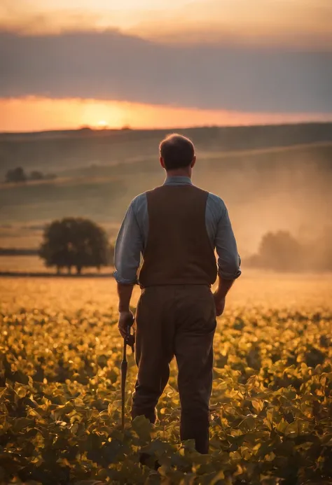 Silhouette of a man working in fields, against radiant sunset, captured from a distance, vast farm and sky dominating the frame, lone farmers sharply defined outline, warm golden hues, dedicated labor, breathtaking sunset, descending sun, colorful sky, dra...