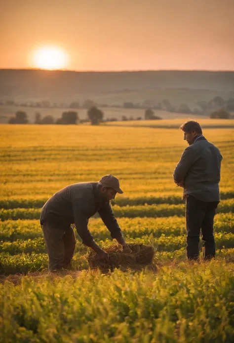 Silhouette of a man working in fields, against radiant sunset, captured from a distance, vast farm and sky dominating the frame, lone farmers sharply defined outline, warm golden hues, dedicated labor, breathtaking sunset, descending sun, colorful sky, dra...