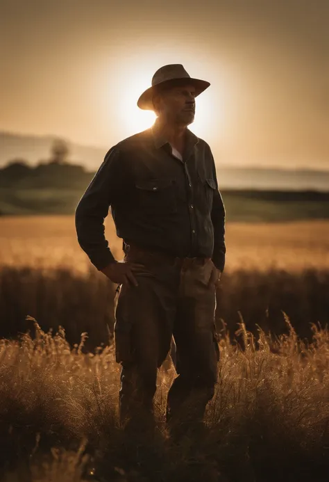 Silhouette of a man working in fields, against radiant sunset, captured from a distance, vast farm and sky dominating the frame, lone farmers sharply defined outline, warm golden hues, dedicated labor, breathtaking sunset, descending sun, colorful sky, dra...