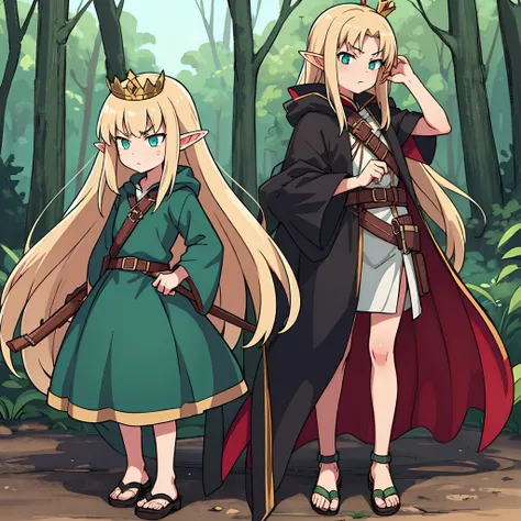 hiquality, tmasterpiece (One Elf) long ears, blonde woman, A small golden crown on his head, Cyan eyes, Sullen face. Rifle bow. combat pose. Dark Green Hunting Cloak, Sandals. Against the backdrop of a forest with a sky.