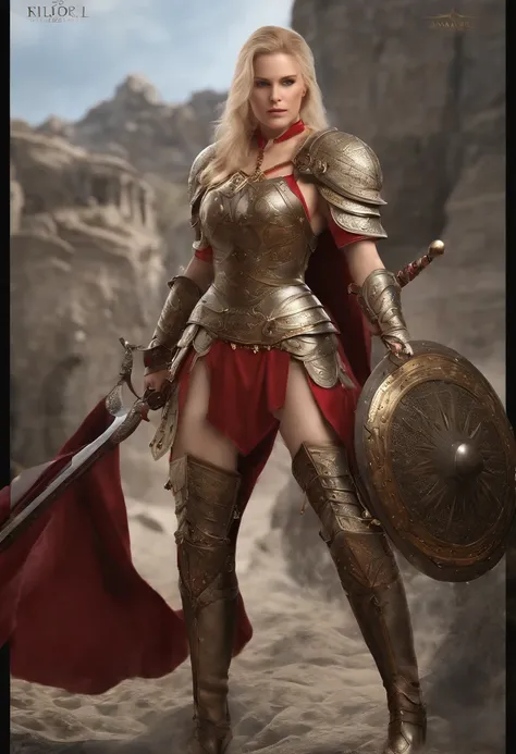 tmasterpiece，High-definition CG diagram，beautiful female warrior，One hand holds a sword，Helmet in one hand，Oversized models，Detailed eyes and face，Tall figure，The blonde，All-armor clothing，Over-the-knee boots，Brilliant armor colors，Exquisite decoration，Cha...