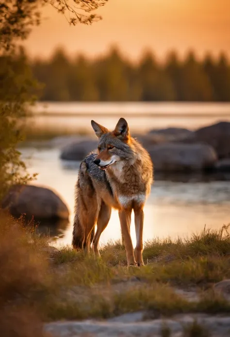 man-coyote singing and dancing by the lake