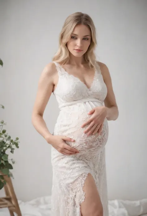 Beautiful girl pregnant woman big belly blonde long white lace dress pruning in a cute muiyo studio　corpo magro