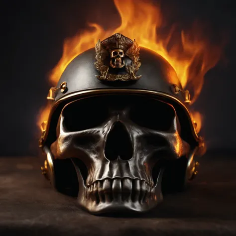 A flaming human skull with a soldiers helmet on, the helmet has a bulletbelt, realistic