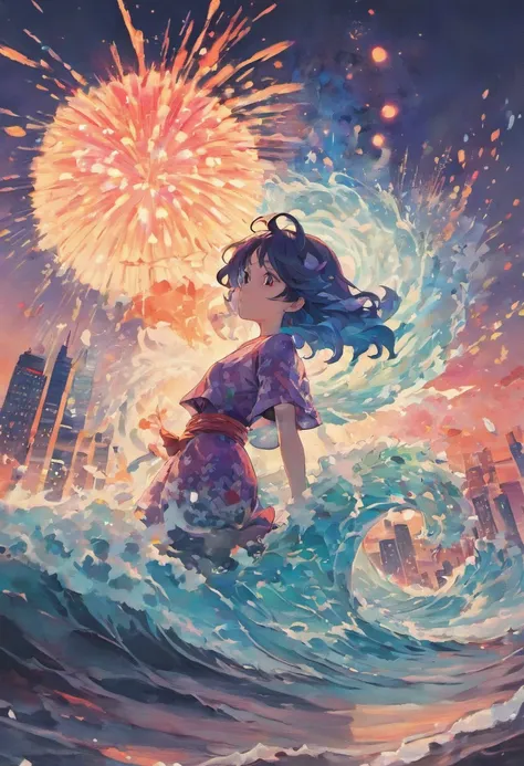 Sticker, work of Hokusai, Ukiyo-e style, Statue of Liberty 1900, psychedelic, abstract. The foreground is like the wave off Kanagawa. The wave is transforming into the head of the mermaid.