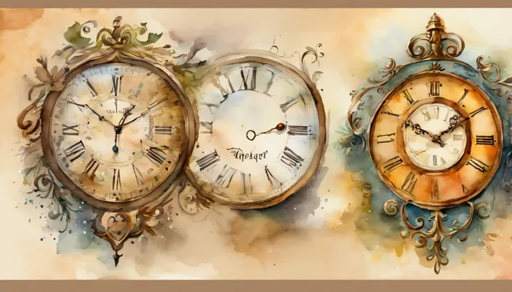 There are many clocks hanging on the wall, Watches with beautiful designs、Beautiful colors、10 watches, Round clock、Square clock、Vertical clock、Watercolor Touch,