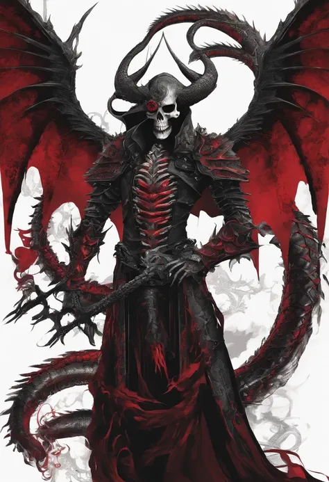 schlangen Drache, large red wings with black claws, Schwazer scaly body, White skull as a mask over the face, feurig rot leuchtende Augen, black gloomy atmosphere, snake body, dangerous, agressiv