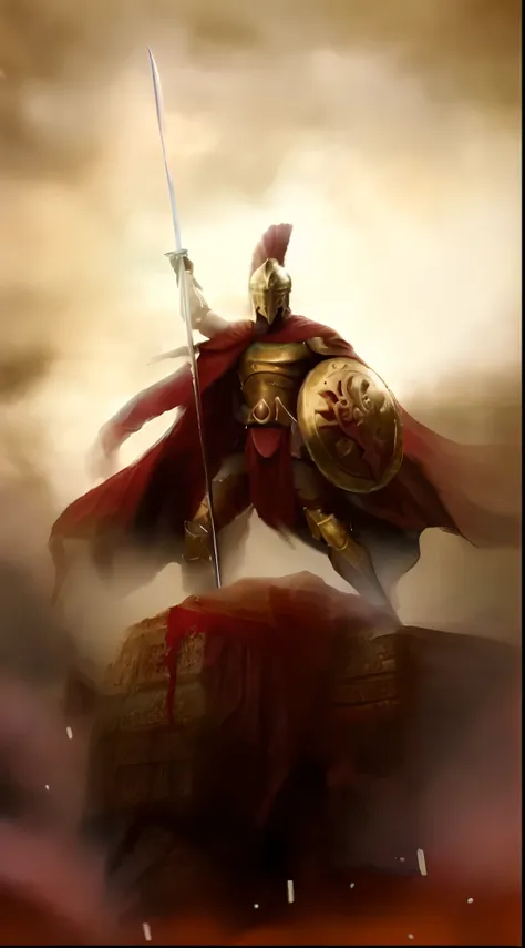 a spartan warrior in armor holding his sword and shield