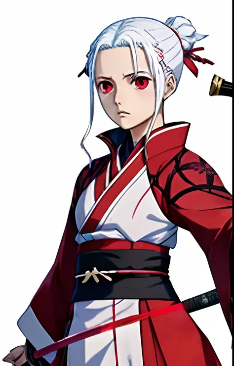 A girl similar to illyasviel from fate so that in the anime world of kimetsu no yaiba wearing a red haori and a black katana she is short and has small breasts, she will have white hair and fire around her sword