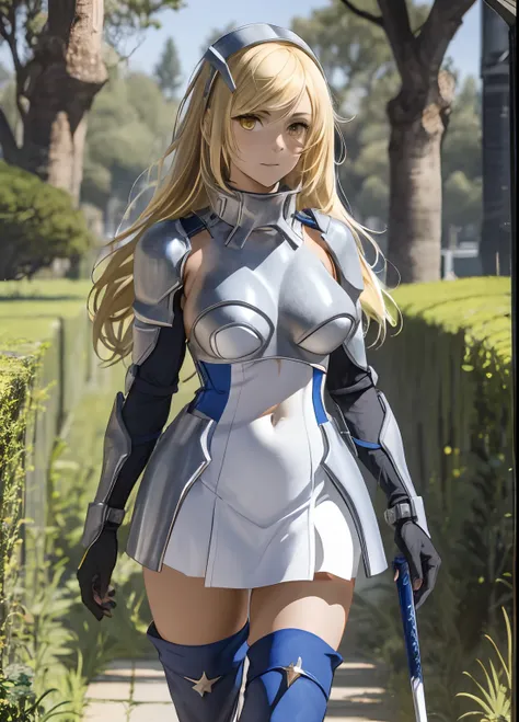 ais, 1girl, solo, blonde hair, armor, long hair, straight hair, thighhighs, boots, dress, yellow eyes, thigh boots, blue long bo...