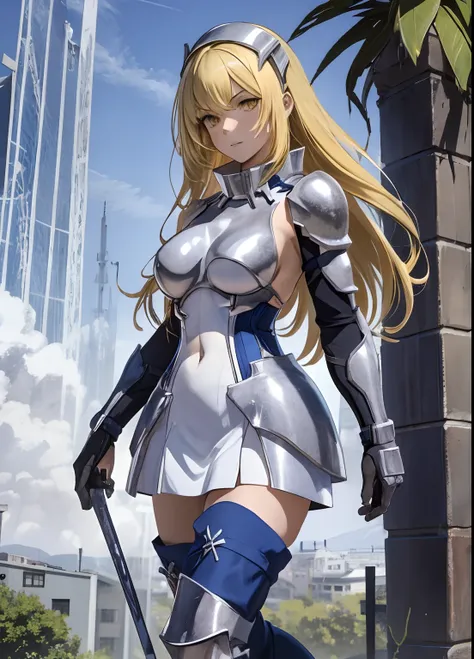 ais, 1girl, solo, blonde hair, armor, long hair, straight hair, thighhighs, boots, dress, yellow eyes, thigh boots, blue long bo...