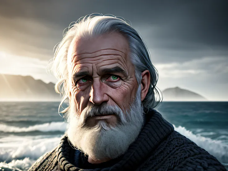 award winning portrait photo of an older male medieval grizzled sailor in a knitted sweater with wrinkles on face, ocean, waves, mountain cliffside with breaking waves, stormy, sinister, evil, (backlighting:1.3), digital painting, concept art, smooth, shar...