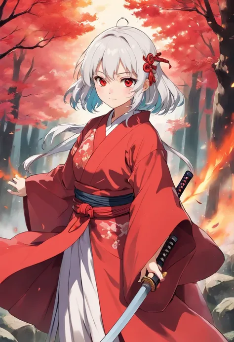 A girl similar to illyasviel from fate so that in the anime world of kimetsu no yaiba wearing a red haori and a black katana she is short and has small breasts, she will have white hair and fire around her sword, black eyes and looking to the camera