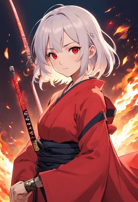 A girl similar to illyasviel from fate so that in the anime world of kimetsu no yaiba wearing a red haori and a black katana she is short and has small breasts, she will have white hair and fire around her sword, black eyes and looking to the camera