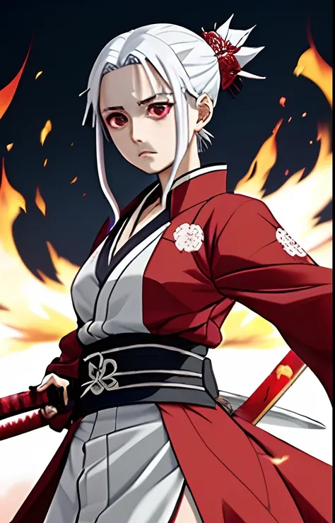 A girl similar to illyasviel from fate so that in the anime world of kimetsu no yaiba wearing a red haori and a black katana she is short and has small breasts, she will have white hair and fire around her sword