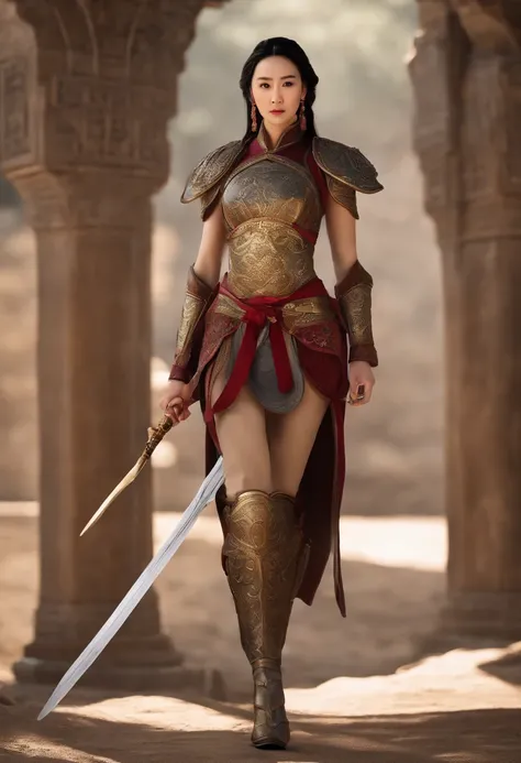 tmasterpiece，High-definition CG diagram，Ancient Chinese female warrior Mulan，Fan Bingbings face，One hand holds a sword，Helmet in one hand，Oversized models，Detailed eyes and face，Tall figure，Brunette girl，All-armor clothing，Over-the-knee boots，Brilliant arm...