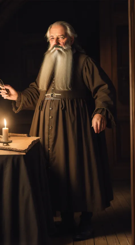 an old man from the 17th century, with a beard and mustache, he is an alchemist, he is inside a black room lit by a candle