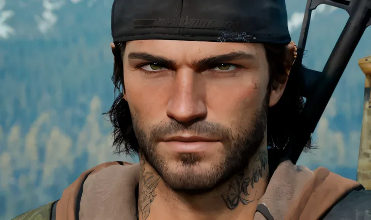 Man with a gun and a hat on his head, Arthur Morgan, Personagem close up, smug look, ultra detailed content : rosto, com tatuagens de runa no rosto, detalhes faciais precisos, rosto detalhado preciso, close up head shot, inspirado em Brian Chippy Dugan, Ar...