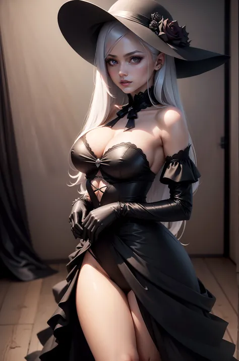 Sexy woman in a black dress and hat and a rose in her hair posing for a photo, cabelo platinado, olhos rosas Albedo do anime Overlord, Gapmoe Yandere Grimdark, Retrato Gapmoe Yandere Grimdark, menina anime demon, shalltear bloodfallen, personagem bruxa esc...