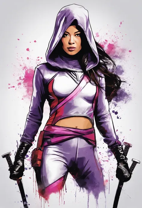 vector t shirt art ready to print, water color, graffiti style, Chinese brush art, full body, Aubrey Plaza as Psylocke, wearing a 90s  X-Men two piece cyber ninja suit with hood, Japanese Katana, white background