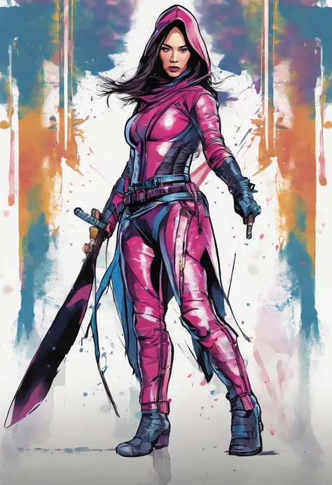 vector t shirt art ready to print, water color, graffiti style, Chinese brush art, full body, Aubrey Plaza as Psylocke, wearing a 90s  X-Men two piece cyber ninja suit with hood, Japanese Katana, white background