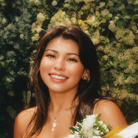 arafed woman in a white dress holding a bouquet of flowers, selena quintanilla perez, taken in the mid 2000s, 30 years old woman, 3 0 years old woman, around 1 9 years old, taken in the late 2000s, profile picture, taken in the 2000s, profile photo