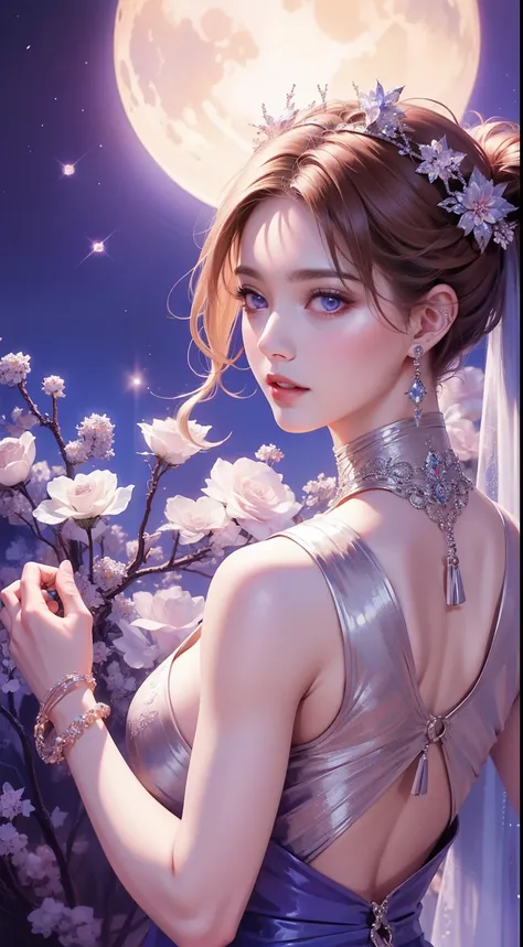 tmasterpiece，Highest high resolution，((themoon))，Dynamic bust of a beautiful aristocratic maiden，elegantly coiled brown chestnut hair，Purple clear eyes，Hair is covered with beautiful and delicate floral craftsmanship, Crystal Jewelry Filigree，Ultra-detaile...