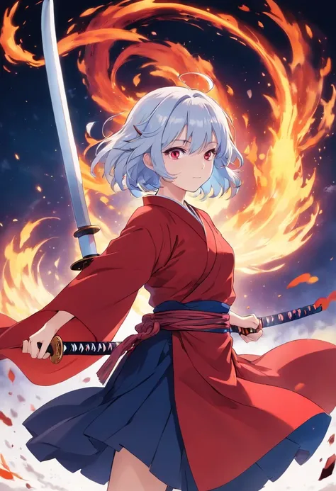 A girl similar to illyasviel from fate so that in the anime world of kimetsu no yaiba wearing a red haori and a black katana she is short and has small breasts, she will have white hair and fire around her sword, fighting a demon from the anime demon slaye...