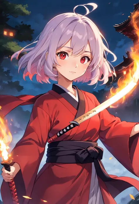 A girl similar to illyasviel from fate so that in the anime world of kimetsu no yaiba wearing a red haori and a black katana she is short and has small breasts, she will have white hair and fire around her sword, fighting a demon from the anime demon slaye...