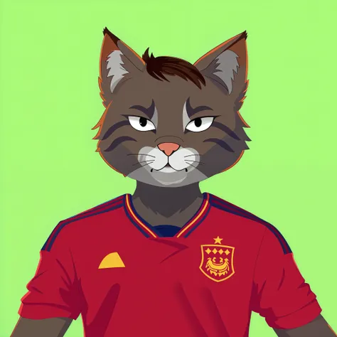 Theres a cat wearing glasses and a red shirt, inspired by Óscar Domínguez, Tabaxi, anthropomorphic cat, inspirado em Oswaldo Viteri, Espanha Rodriguez, inspired by Sava Šumanović, anthropomorphic lynx, na copa do mundo, Directed by: Mario Dubsky, Telegrama...