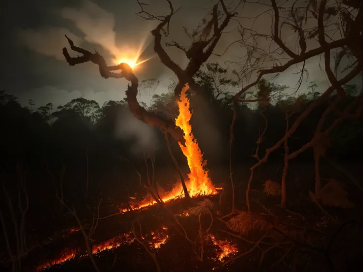 There is a fire burning in the middle of a field, Firenado, Fires in the Amazon, forest fire, cortar e queimar, floresta queimada, Floresta queimada, burning trees, Directed by: Robert Zünd, Flames from the ground, forest fire, queimando o crescimento exce...