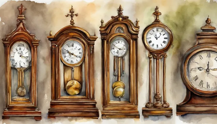 There are 10 clocks hanging on the wall, Triangular clock、Vertically long clock、Watercolor touch,