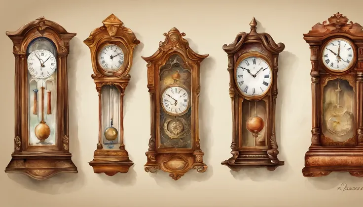 There are 10 clocks hanging on the wall, Triangular clock、Vertically long clock、Watercolor touch,