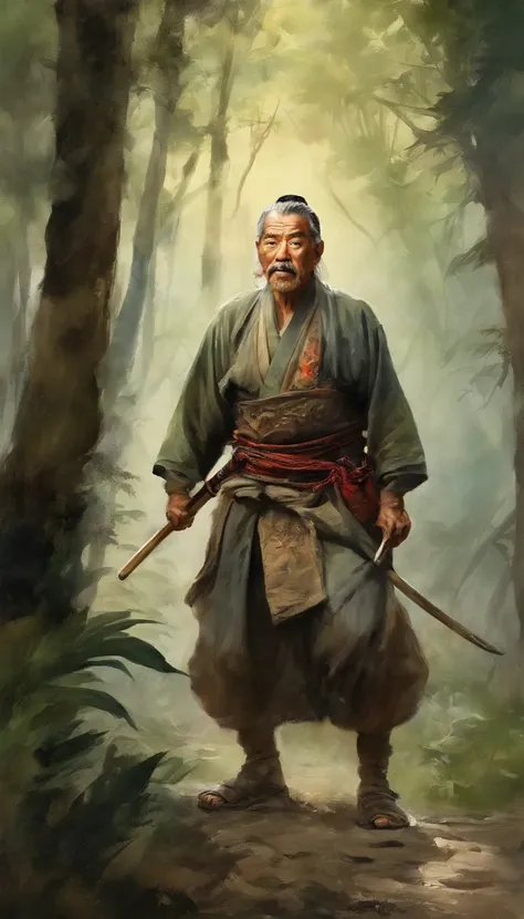 tmasterpiece, Handsome old samurai walking through the jungle among fireflies, (Alto detalle: 3 s), rough face, piel natural, Alta calidad, NSFW, ojos hermosos, (Caras y ojos detallados), (la cara: 1 2), ruido, extra, Realphotos, ....PSD, lamp film photogr...