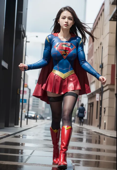 (((Make the most of the original image)))、(((Supergirl Costume)))、(((lustrous dark hair)))、(((Suffering)))、(((Feet must necessarily be worn with black tights)))、(((You need to wear red boots)))、((Top image quality、8K))、((top-quality、8K、​masterpiece:1.3))、C...