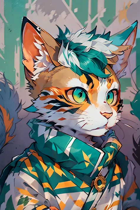 Portrait, orange cat, ((white stripe nose)), white chin, blue sclera, ((blue nose, blue mouth)), short hairstyle, 3earrings, tired, extra fluff, wearing a green robe,