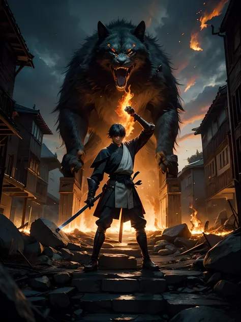 master part, Jin Sakai vestindo um casaco com capuz, Estilo anime, pintura extremamente detalhada, The katana is on fire, the flame is very bright, personagem realista, heroic, epic pose, amanhecer, estilo rpg medieval,