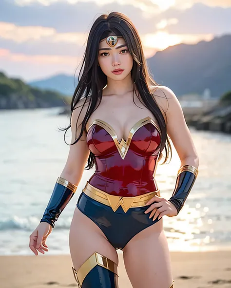 From face to toe, goddess of Japan, Wonder woman, latex outfits, huge stunning goddess shot, japanese dc live action movie, sexy movie photo, Beautiful beach