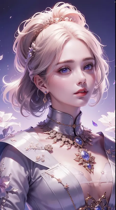 tmasterpiece，Highest high resolution，((themoon))，Dynamic bust of a beautiful aristocratic maiden，elegantly coiled brown chestnut hair，Purple clear eyes，Hair is covered with beautiful and delicate floral craftsmanship, Crystal Jewelry Filigree，Ultra-detaile...