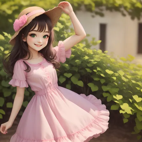 Girl with green, big eyes, smiling, cheerful, in pink dress