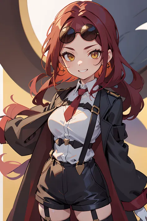 1girl, young woman, solo, long hair, big hair, (forehead:1.13), (round sunglasses:1.2), yellow eyes, scarlet red hair, medium breasts, grin, (overcoat, black coat, open coat:1.2), white shirt, collared shirt, (chest harness, shoulder strap:1.15), black lea...