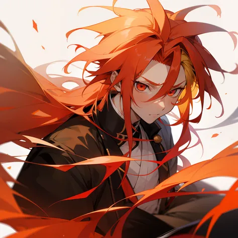 Kamitsu no Yiba, one boy, Kyojuro Rengoku, very long and spiky hair, blonde hair, multi-colored hair, red hair, solo, one boy, male focus, two-colored hair, spiked hair, face, school uniform, multi-colored eyes, Kaguran Red eyes, school