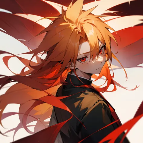 Kamitsu no Yiba, one boy, Kyojuro Rengoku, very long and spiky hair, blonde hair, multi-colored hair, red hair, solo, one boy, male focus, two-colored hair, spiked hair, face, school uniform, multi-colored eyes, Kaguran Red eyes, school