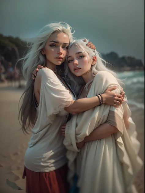 2 young females of 20 years happily hug looking at the sea, One of them is Russian with long white hair, the other is black-haired indigenous, com pouca roupa de indigena e  grampos, bracelete:1.3, roupas fotorrealista, Centrado, Portrait of head and body,...