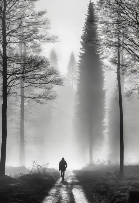 arafed person walking down a dirt road in the fog, walking away from the camera, walking away from camera, fog mads berg, standing in road, fading into the distance, fading off into the distance, by Karl Buesgen, walking away, by Alexis Grimou, by Christen...