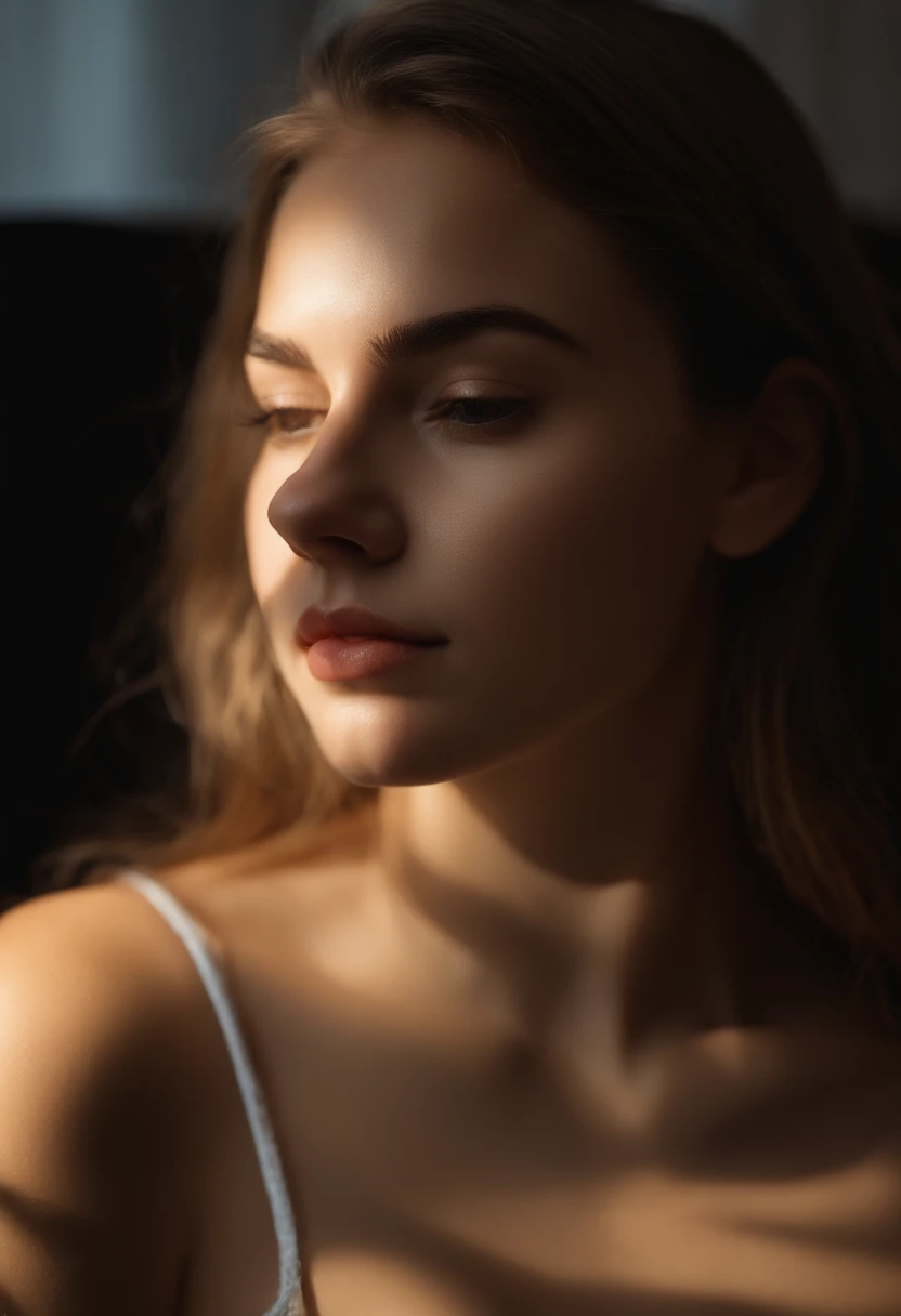 Portrait of a cute 18-year-old girl and a perfect girl, Cara hermosa, Ruso, en bragas, en la cama, hermoso busto (Estudio privado oscuro, oscuro, Atmospheric Light: 1.2) piernas abiertas, sperm on her face