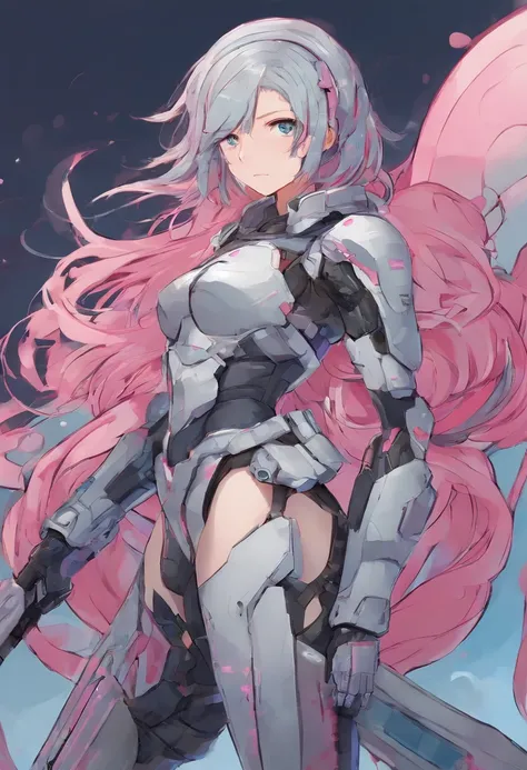 Kaina Tsutsumi(Lady Nagant), 1girl, high quality colored sketch, indigo-colored hair with numerous scattered pink streaks, dressed in tactical armor, clothed in stealth armor, comic character design, comic book character, stealth suit, highly detailed exqu...