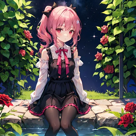 Pink hair color、poneyTail、bow ribbon、red eyes、Beautiful girl alone、Black Dress、off shoulders、a miniskirt、Black tights、sitting on、rose garden、starrysky