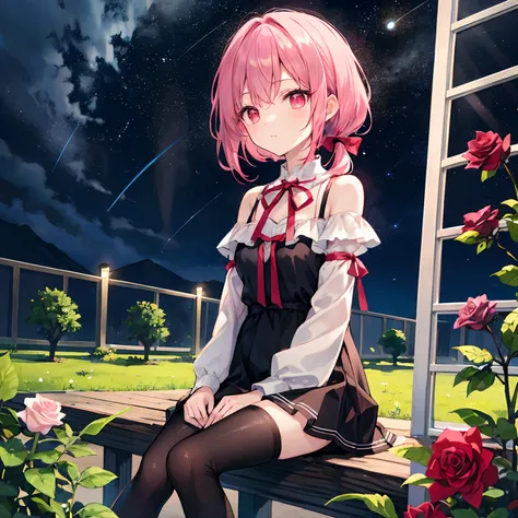 Pink hair color、poneyTail、bow ribbon、red eyes、Beautiful girl alone、Black Dress、off shoulders、a miniskirt、Black tights、sitting on、rose garden、starrysky