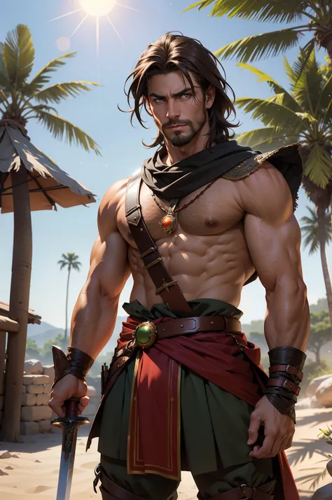 Portrait of 1man, muscular, Caucasian, tanned skin, shoulder-length brown hair, pointed brown beard, brown eyes, wearing belt, wearing red loincloth, wearing chainmail shirt, (alien planet with 1 large red sun and 1 small green sun), dramatic stance, holdi...